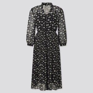 Uniqlo Joy of Print Black Floral Chiffon Sheer 3/4 Sleeve Midi Dress w/ Slip | M